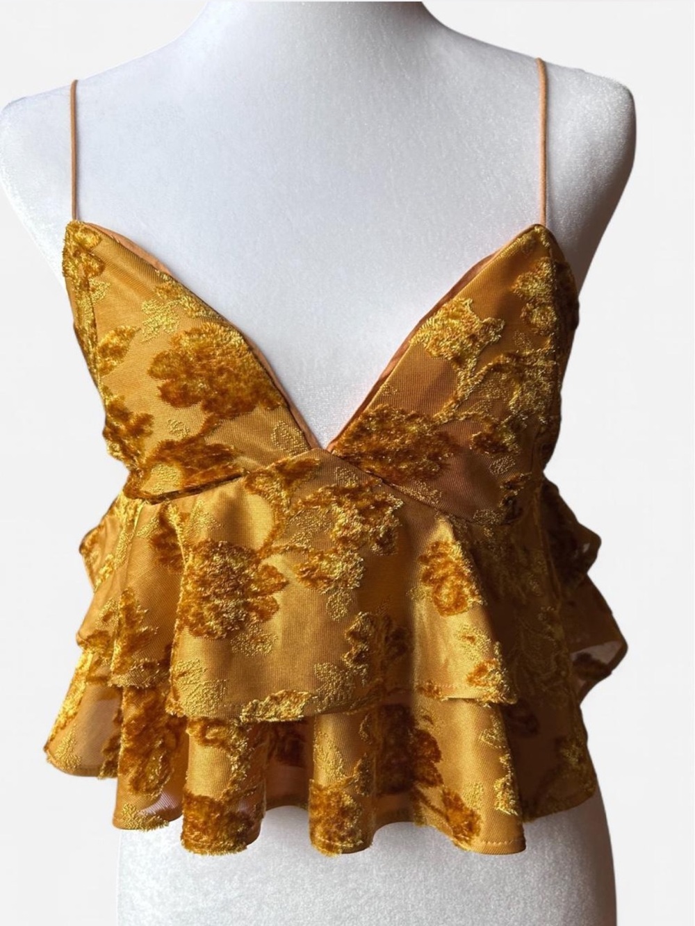 Y2k Dress Forum Yellow lace velvet crop top with ruffles and floral details LA